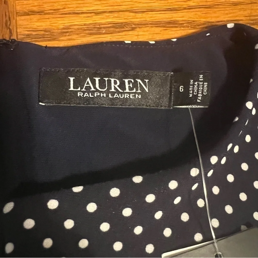 NEW Ralph Lauren Faux Wrap Ruched Jersey Knit Polka Dot Midi Dress in Navy Sz 6